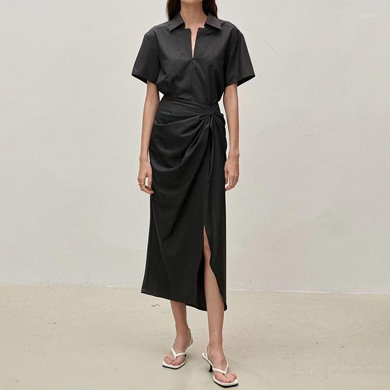 

Skirts 2023 Summer Women Temperament Elegant High Waist Three-dimensional Pleat Design Side Slit Solid Color Skirt, Dark gray