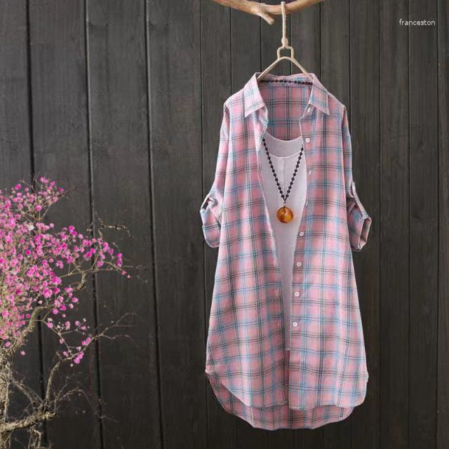 

Women' Blouses Women' Long-Sleeved Plaid Shirt Loose Autumn Top Blusas Blouse Women Mid-length Clothing Summer Coat A609, Green