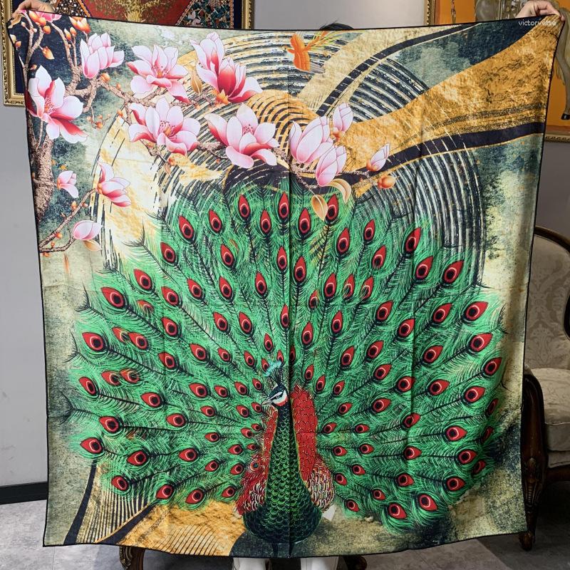 

Scarves High-end Elegant Women's Exquisite Proud As A Peacock Double-sided Printed Quality Silk Wool Hand-rolled Edge Large Scarf Shawls