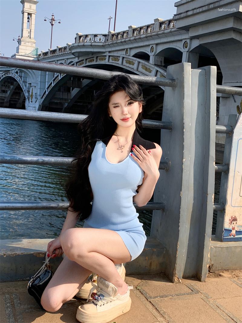 

Casual Dresses GkyocQ Women Knitted Sleeveless Solid U Neck Vestidos Slim Waist Hip Wrap Robe Sexy Girl Backless Korean Female Clothing, Blue