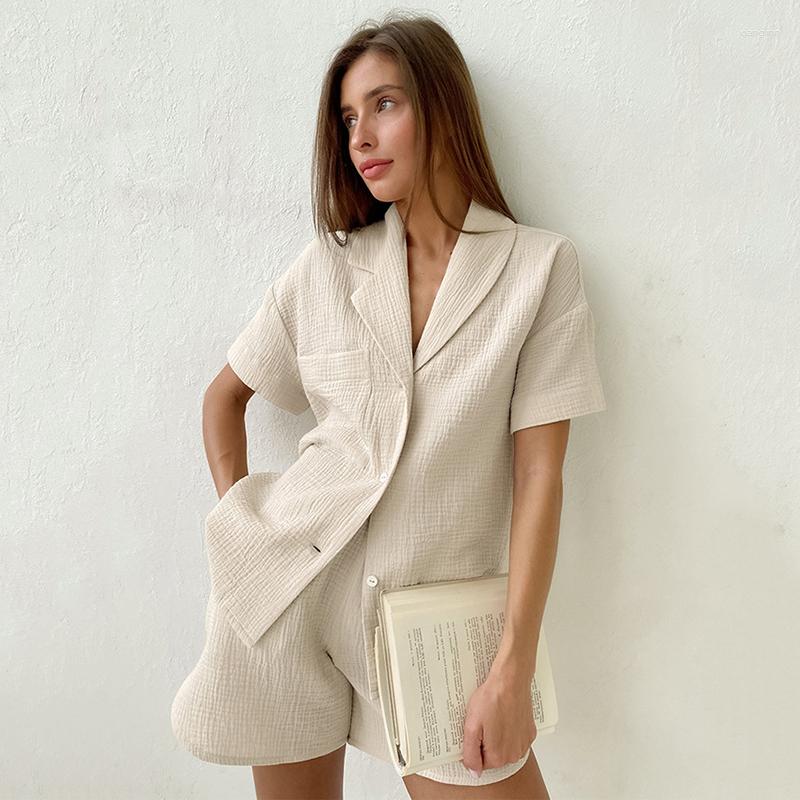 

Women' Tracksuits Cotton Gauze Two Piece Sets Womens Outifits Summer Casual Button Up Tops Shorts Tracksuit Suit Streetwear Outwear, Beige
