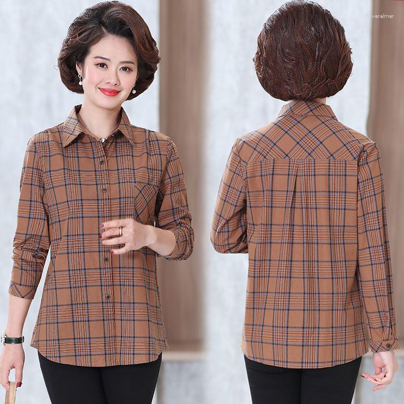 

Women's Blouses 2023 Plaid Women Blouse Patchwork Fashion Shirt Long Sleeve Button Elegant Office Lady Tops Polo Collar Clothes T127, Khaki