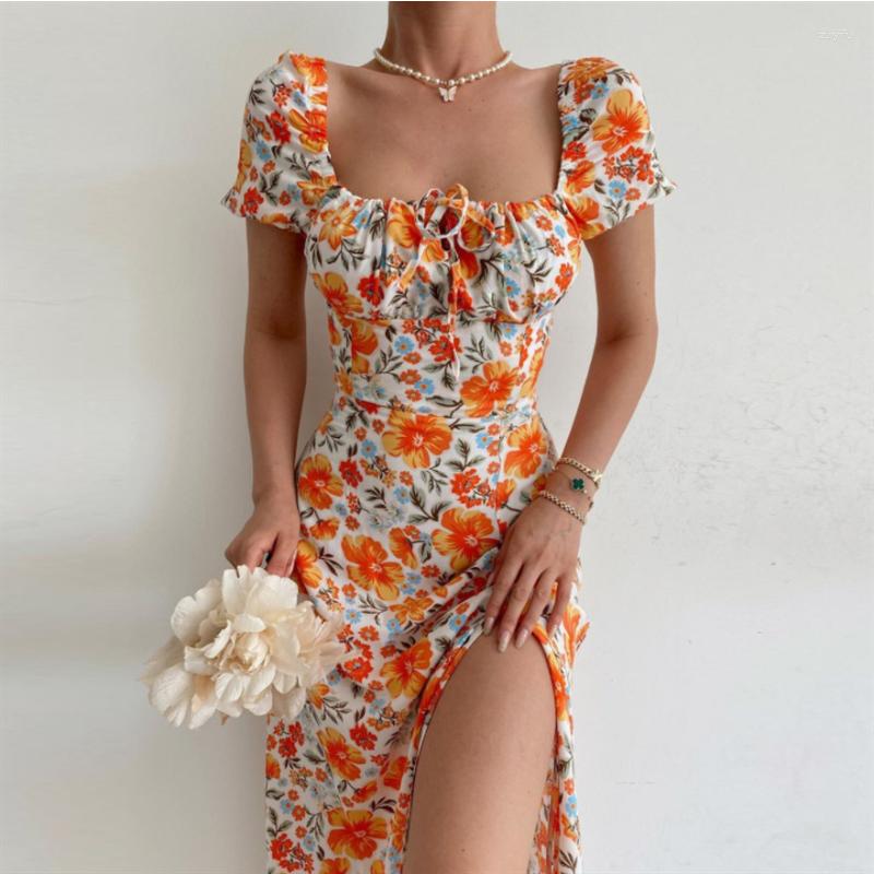 

Casual Dresses Holiday Midi Dress Women' Sundress Square Neck Puff Sleeve Split Summer Flower Print Beach Vacation Outfits Woman 2023, Orange