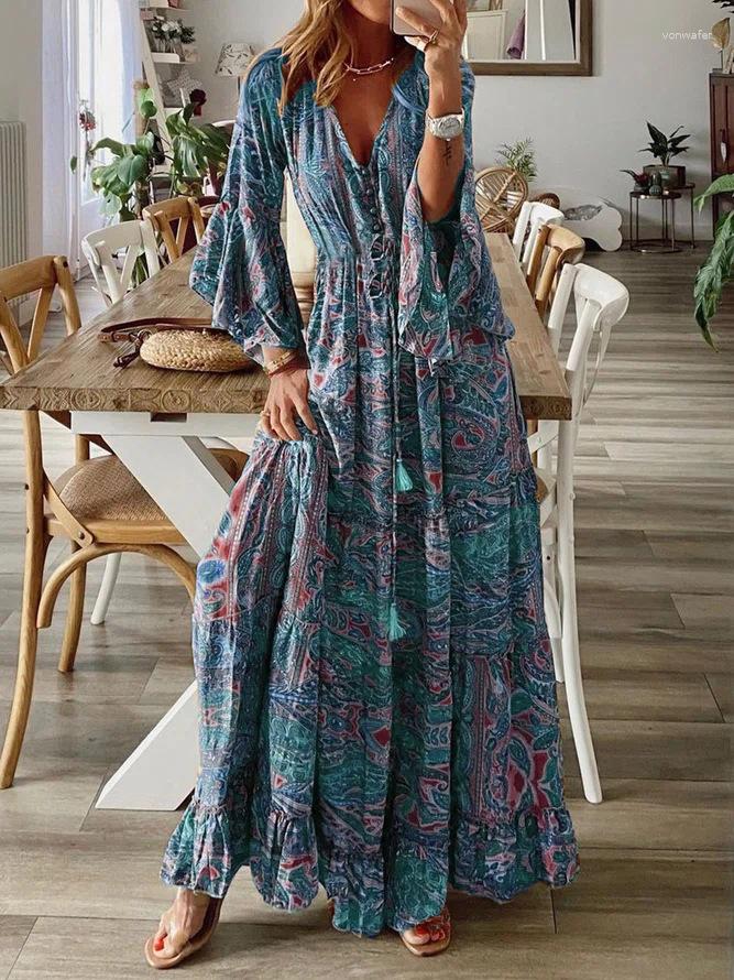 

Casual Dresses Bohemian Beach Maxi Dress Women Spring Summer Long Sleeve Female Holiday Floral Print Boho Elegant Vestidos
