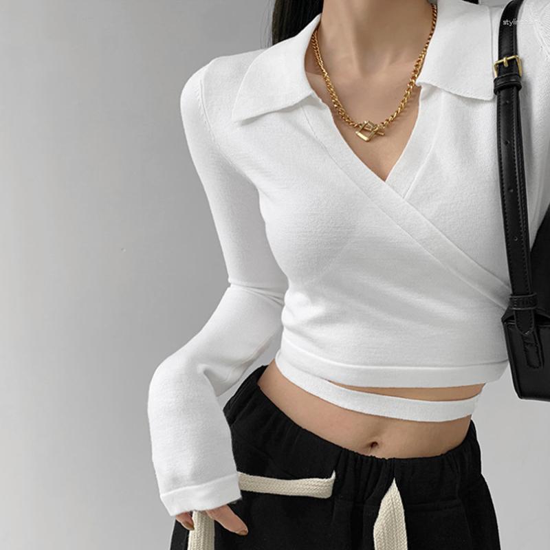

Women's Sweaters Polo Neck Waist Cross Bandage Long Sleeve T-shirts Knitted Criss-cross Irregular Chic V-neck Tees Sexy Elegant Women Y2K, Green
