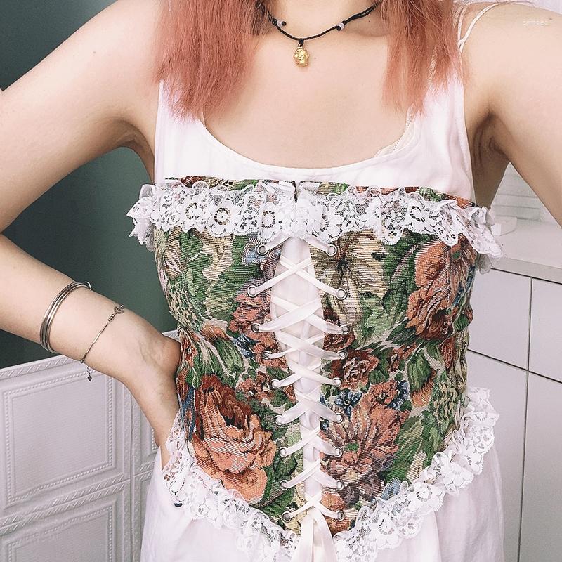 

Women' Tanks Summer Vintage High Street Corset Women Floral Print Lace-up Strapless Irregular Bandeau Vest Lace Trim Crop Tops, As picture show