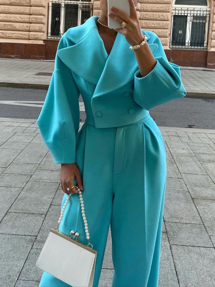 

Women' Two Piece Pants LY VAREY LIN Autumn Winter Women Fashion Woolen Set Lapel Double Breasted Short Top High Waist Straight Long, Pink