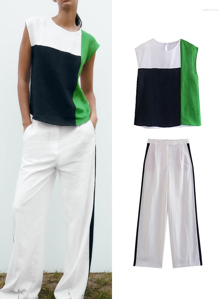 

Women's Two Piece Pants Patchwork Crop Sleeveless Top Women Suit Casual Set Outfits 2 Linen Sets 2023 Fashion Print