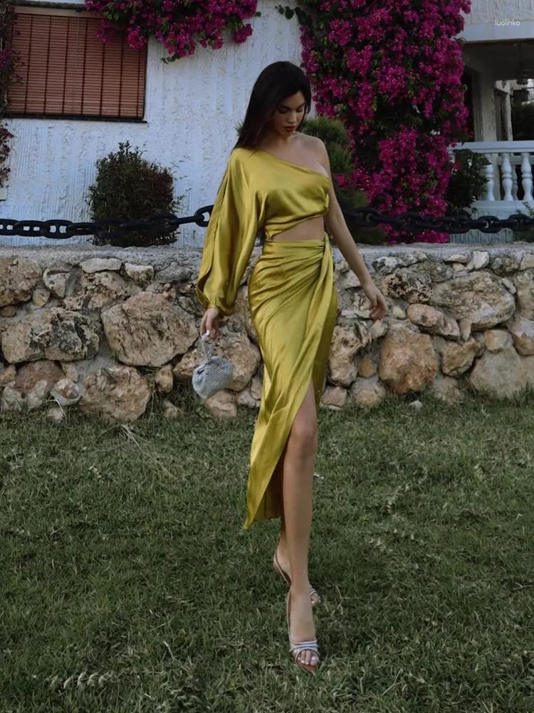 

Casual Dresses Women Elegant Solid Midi Dress Sexy Hollow Out Single Shoulder Vestidos Spring Summer Chic Female Party Club, Picture shown