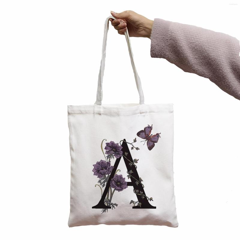 

Shopping Bags Bag Flower Of 26 Letter Kawaii Print Canvas Cool Shopper Black White Women Fashion Shoulder Tote
