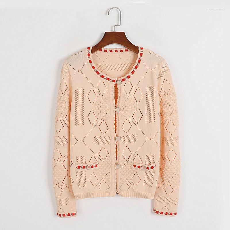 

Women' Knits Sexy Hollow Out Sweater Women Round Neck Single-breasted Cardigan 2023 Spring Loose Long Sleeve Top Sueters De Mujer, Khaki
