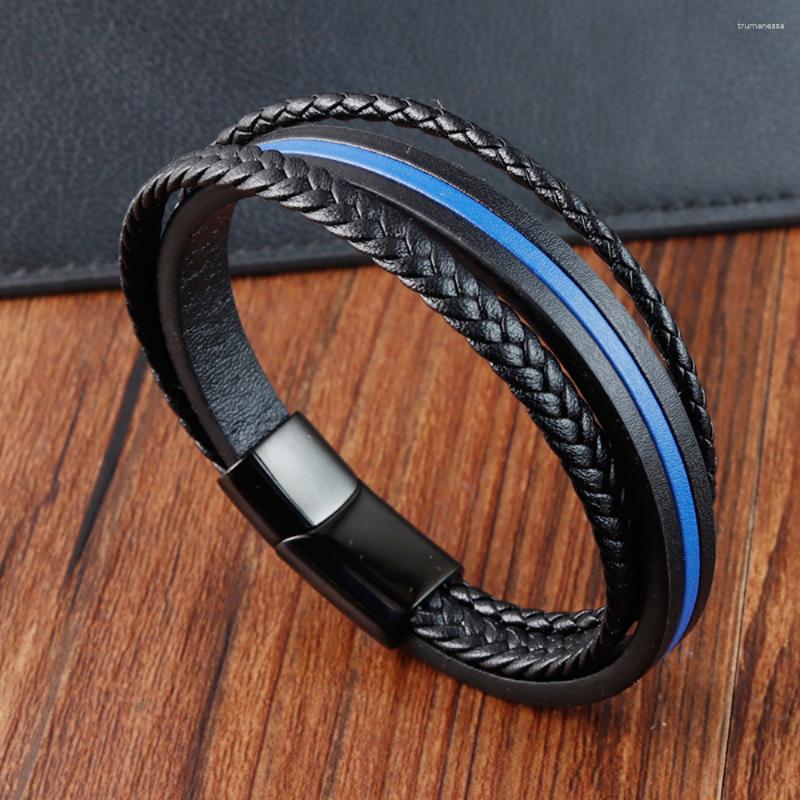 

Charm Bracelets Fashion Men's Blue Leather Bracelet Stainless Steel Multilayer Wristband Cowhide Jewelry Lover Gift