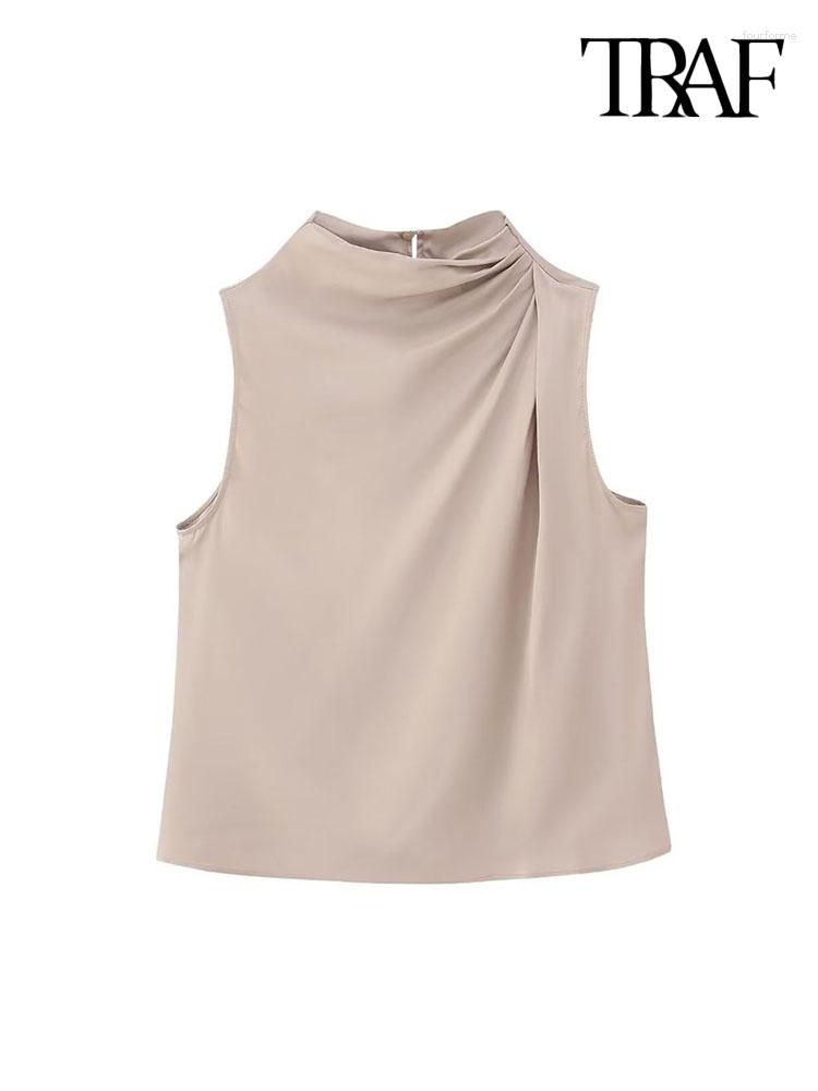 

Women's Blouses Women Fashion With Gathered High Neck Vintage Sleeveless Back Buttoned Female Shirts Blusas Chic Tops, Picture shown