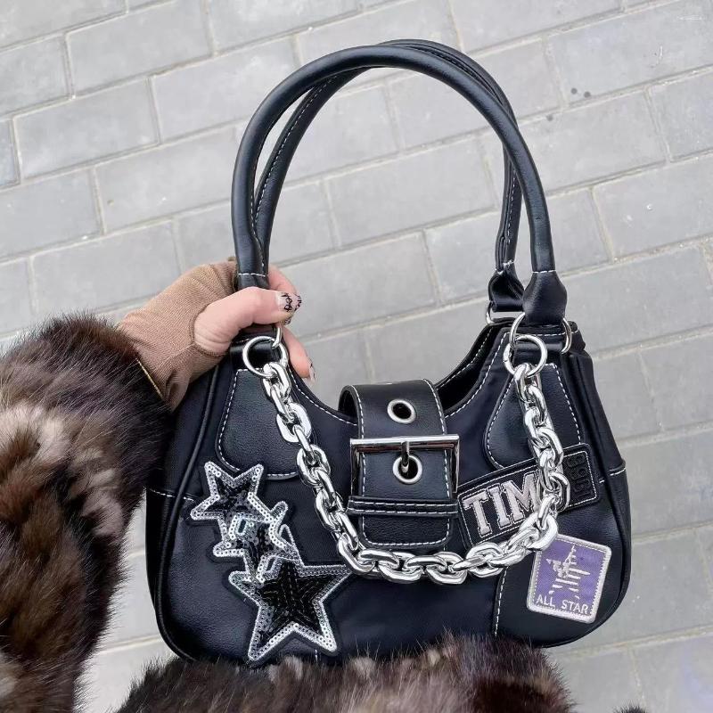 

Evening Bags American Fashion Retro Leather Y2K Sticker Sequin Star The Chain Large Capacity Portable Shoulder Bag Women's Handbags