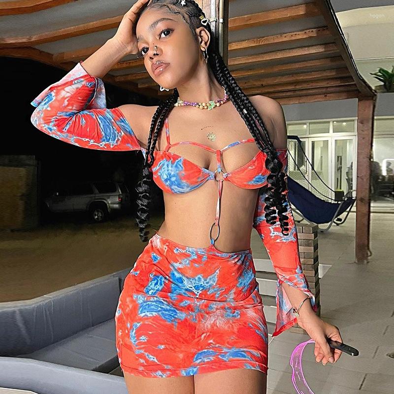 

Women' Swimwear Summer Dress Women 2023 Trendy Swim Suit For Cover Up Beach Sexy Strap Long Sleeve Print Strapless Skirt Hollow Out, Mei red