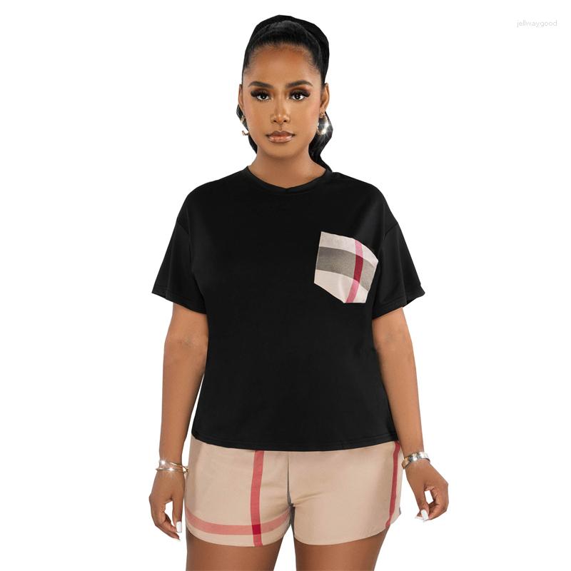 

Ethnic Clothing Two Pieces Set For African Women Summer 2023 Fashion Tops Plaid Print Pocket Short Sleeve T-shirt And Elastic Waist Shorts