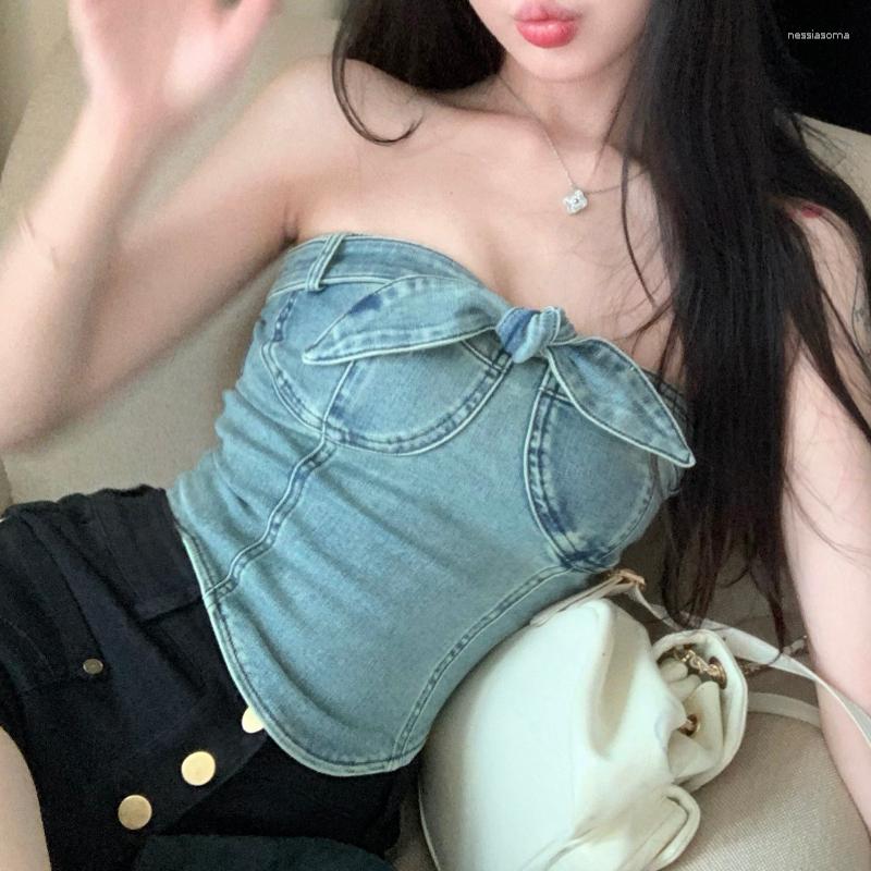 

Women's Tanks Vintage Bow Irregular Casual Blue Denim Camisole Women 2023 Summer High Street Sexy Backless Slim Crop Tops