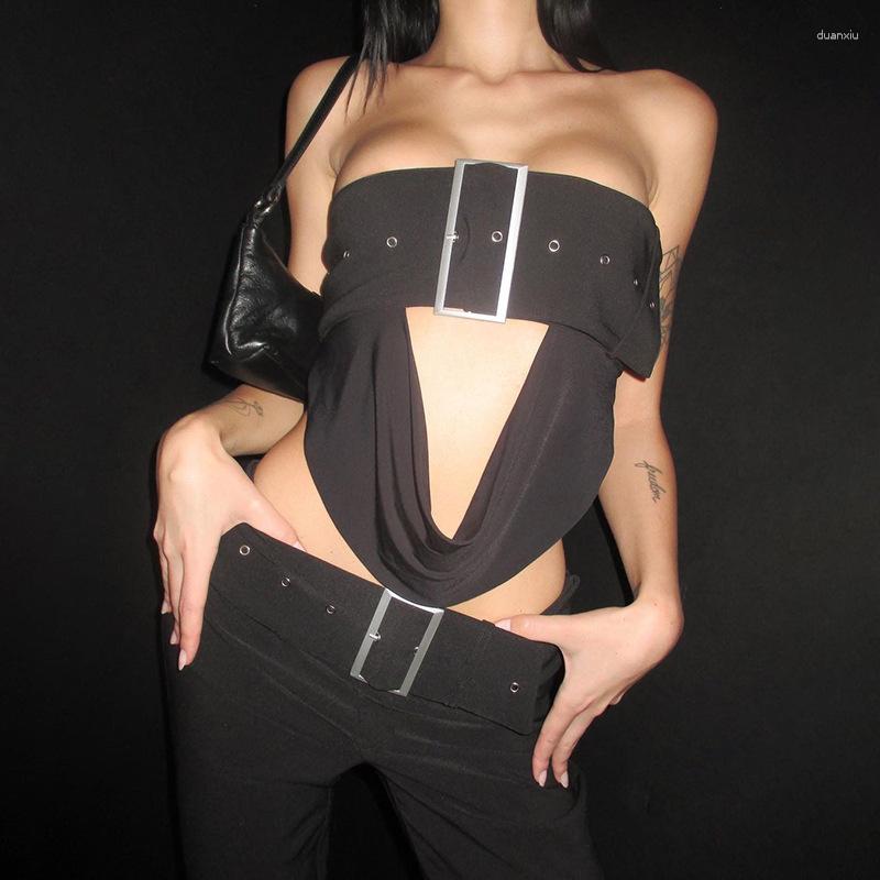 

Women' Tanks Combhasaki Women 2000s Y2K Goth Tube Top Strapless Backless Buckled Draped Solid Color Summer Ladies Vest Camis For Club Party, Black