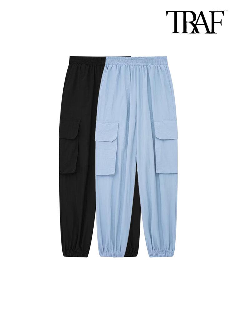 

Women's Pants Women Fashion Patch Pockets Nylon Cargo Vintage High Waist With Elastic Waistband Female Ankle Trousers Mujer, Picture shown