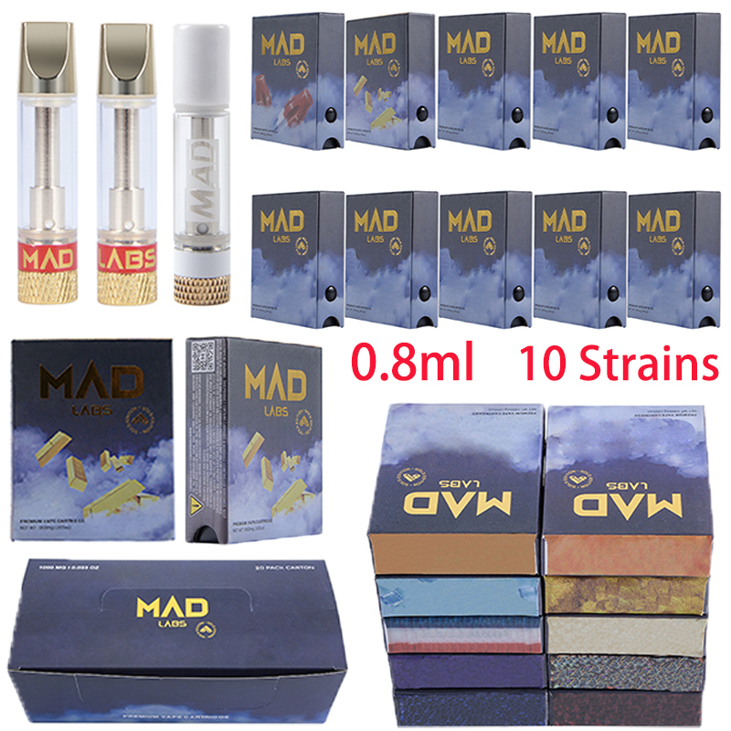 

New MAD LABS Vape Cartridges 0.8ml Atomizer With New Packaging Ceramic Coil Empty Carts 10 Strains Thick Oil Dab Vapes Pen Wax Vaporizer E Cigarette 510 Thread