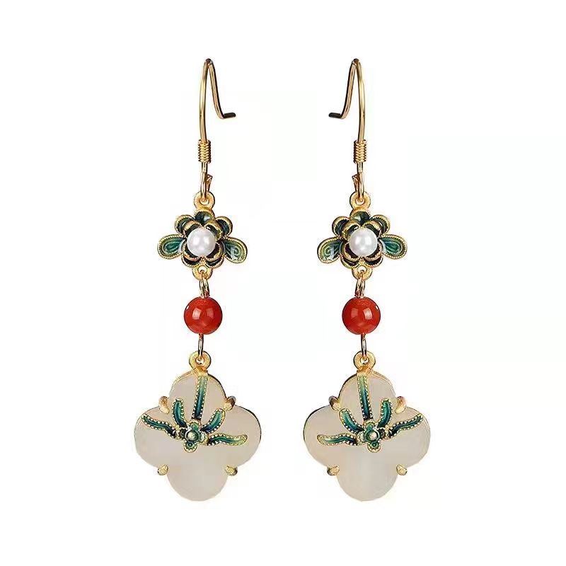 

Inheriting the ancient method, golden retro Chinoiserie style Four-leaf clover four piece suit, colored enamel earrings, lotus flower tassel earrings