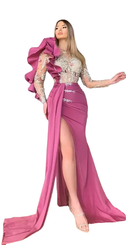 

Designer Fuchsia Prom Dresses Long Sleeves Illusion Tulle Sweep Train Lace Applique Mermaid High Split Custom Made Plus Size Evening Party Ball Gowns vestido, Pink