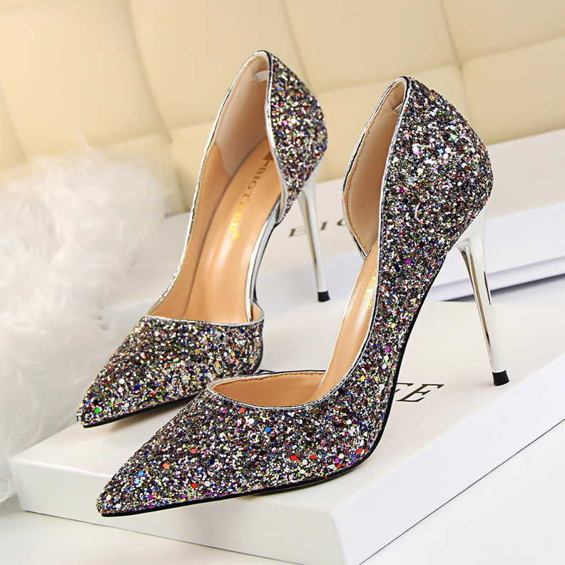 

Sexy Nightclub Womens Party Shoes with Shiny Crystal Diamond Woman Sexy Pumps OL High Heel Shoes, Champagne