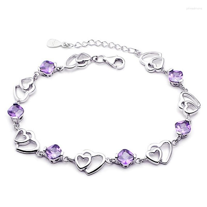

Link Bracelets High Quality Silver Colour Bracelet Heart Purple Crystal Zircon For Woman Party Engagement Jewelry Gift