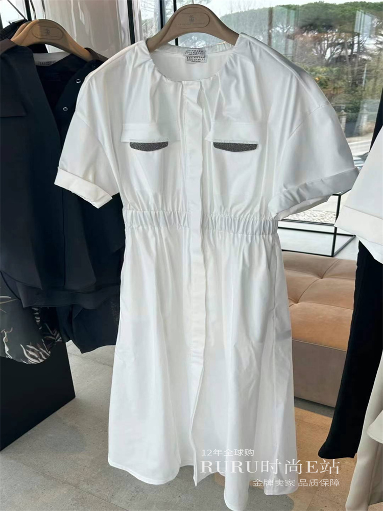 

Womens Casual Dresses Brunello Cucinelli Spring and Summer Cotton Round Neck Short Sleeve Dress White and Black