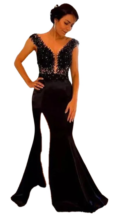 

Sexy Black Evening Dresses Sheer Neck Lace Appliques Beaded Arabic Prom Dress Side Split Mermaid Formal Party Gowns