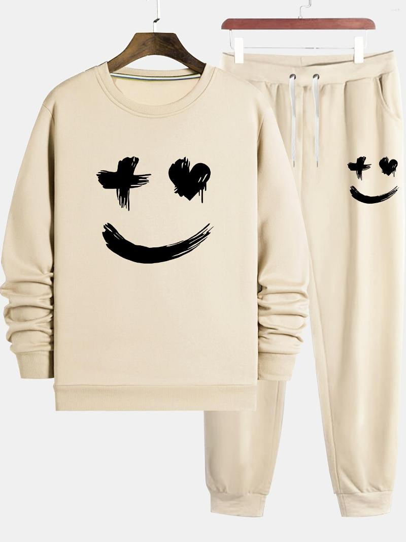 

Men's Tracksuits Creative Graphic Print Round Neck Casual Outfit Set 2 Pieces Long Sleeve Pullover Sweatshirt And Drawstring Sweatpants, Apricot