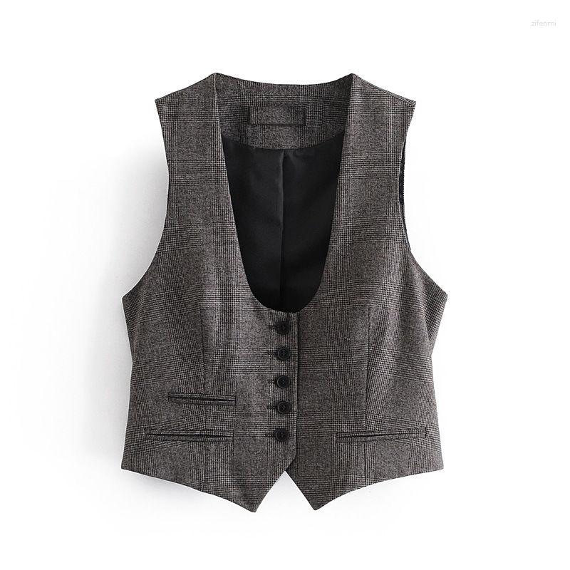 

Women's Vests Fashionable Women's V-Neck Single-breasted Vest Fake Pocket Plaid Short Female Outerwear Chic Tops Chaleco Mujer Q212, Grey