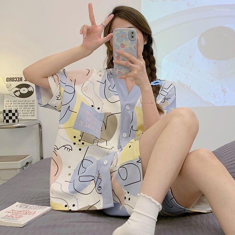 

Women's Sleepwear Summer Cotton Short Sleeved Shorts Cartoon Full Body Print Pajamas Sets Letter Pajama For Suit Homewear -3Xl
