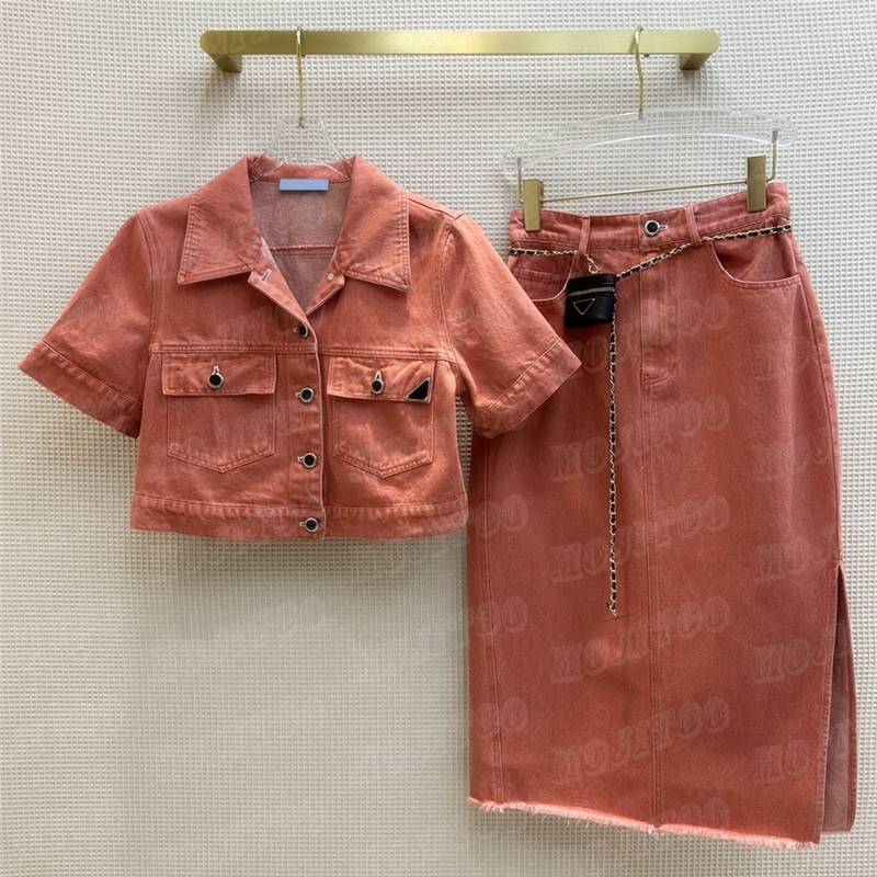 

Metal Badge Denim Shirts Dress Sets For Women Summer Tops Designer High Waist Split Skirts Fashion Two Piece, Blue