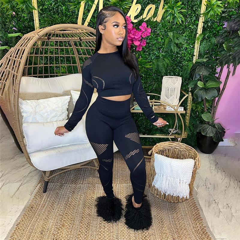 

Women' Two Piece Pants Solid Skinny Hollow Out 2-Piece Set Long Sleeve O-Neck Cropped Top High Waist Womens Casual Sets, Black