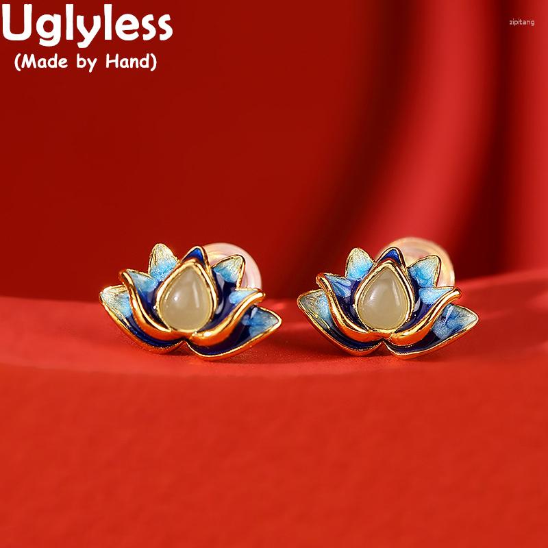 

Stud Earrings Uglyless Colorful Silver Lotus Studs For Women MINI Jade Gemstones Brincos 925 Sterling Flower