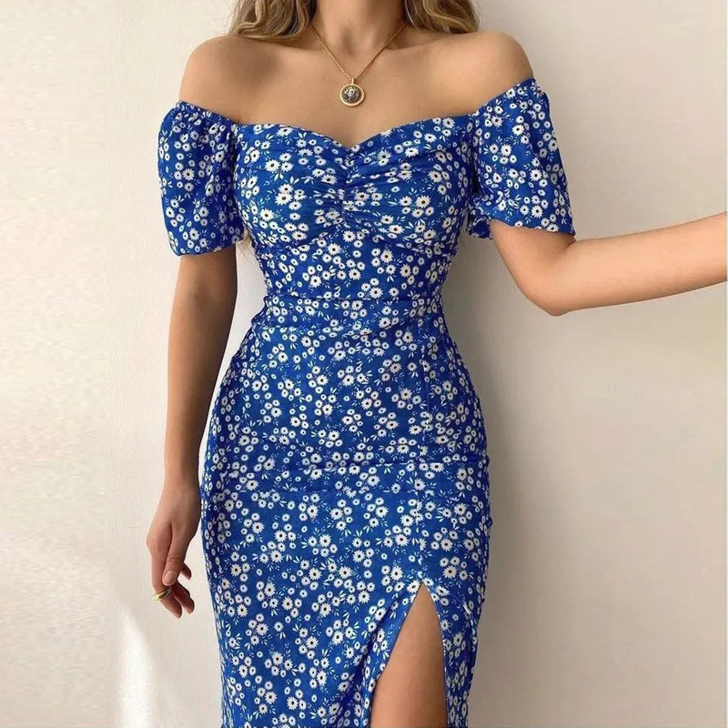 

Designer Summer womens clothing fashion sexy blue floral waist waist French dress Boat neck women dress