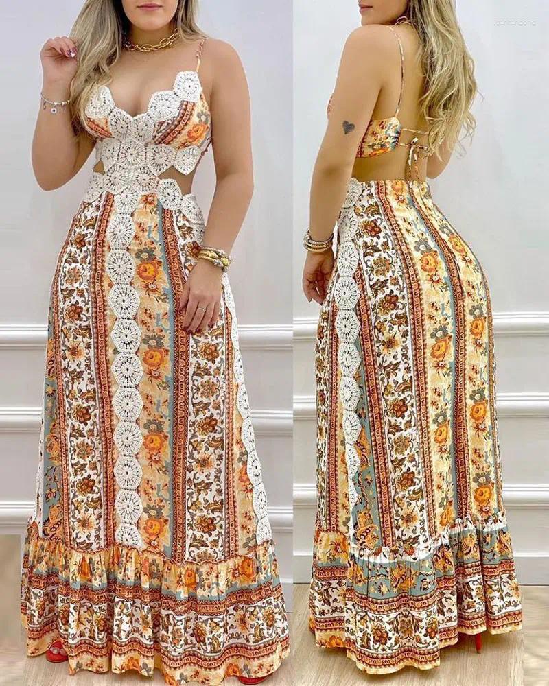 

Casual Dresses Floral Print Contrast Lace Backless Maxi Dress