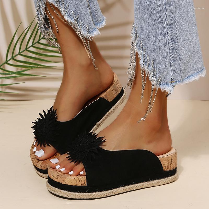

Slippers 2023 Outside Wear Sandals Women Multicolor Soft Walking Shoes Flower Suede Platform Large Size For Ladies, Black