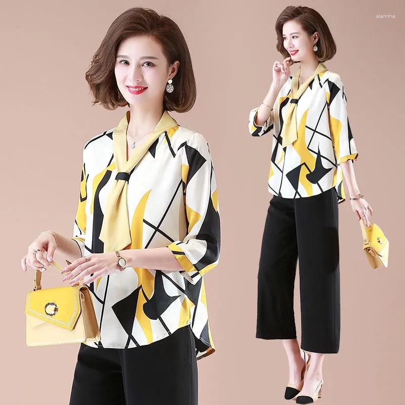 

Women's Two Piece Pants Wide Leg Suits Female 2023Summer Set Womens Outfits Fashion V-neck Shirt Top Casual Chiffon Clothing Femme Mujer, Yellow tops