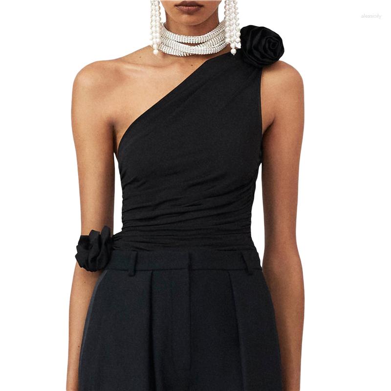 

Women' Tanks Xingqing 3D Floral Top Y2k Aesthetic Women Solid Color One Shoulder Sleeveless Ruched Vest 2000s Fairy Grunge Clothes, As photo shows