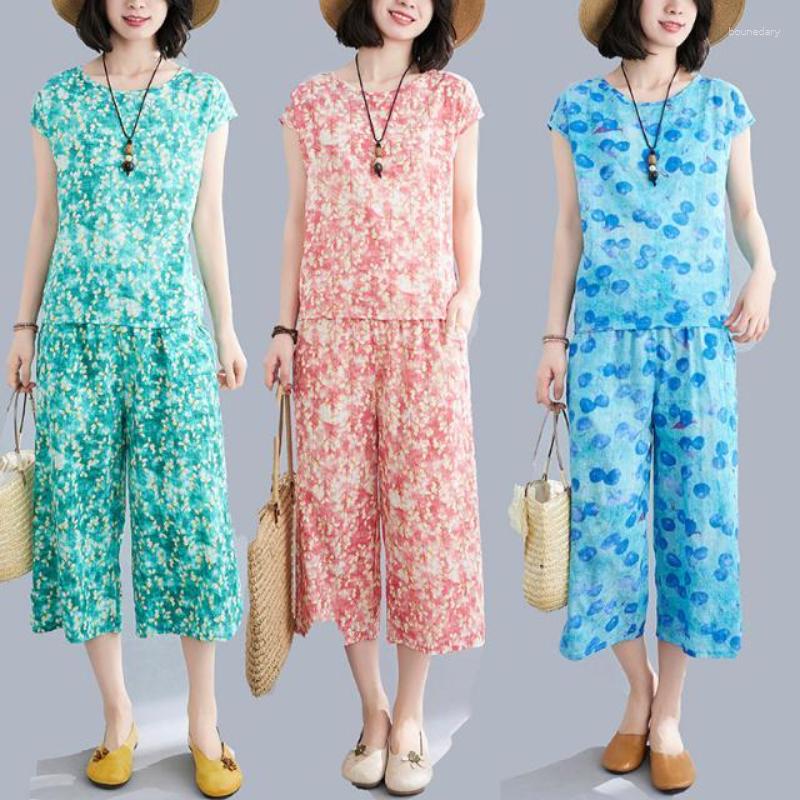 

Women's Two Piece Pants Woman Cotton Linen Oversize Loose Irregular Short Sleeve Top And Wide Leg Suit Female Casual Print Pieces Outfit, Huase7