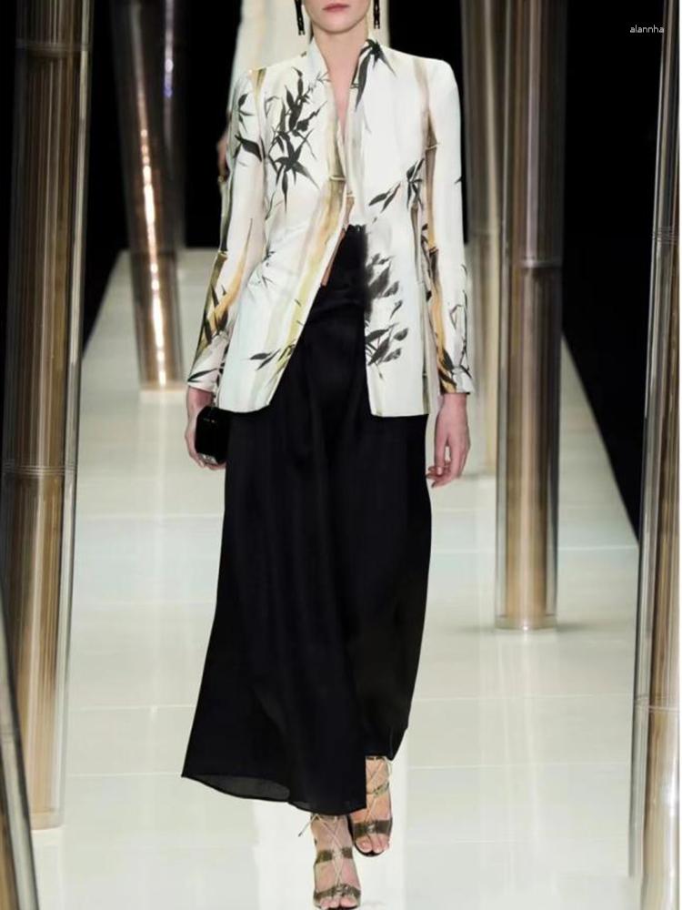

Women' Two Piece Pants Runway Fashion Autumn Winter Elegant 2 Pieces Set Women Bamboo Print White Coat Black Loose Office Lady