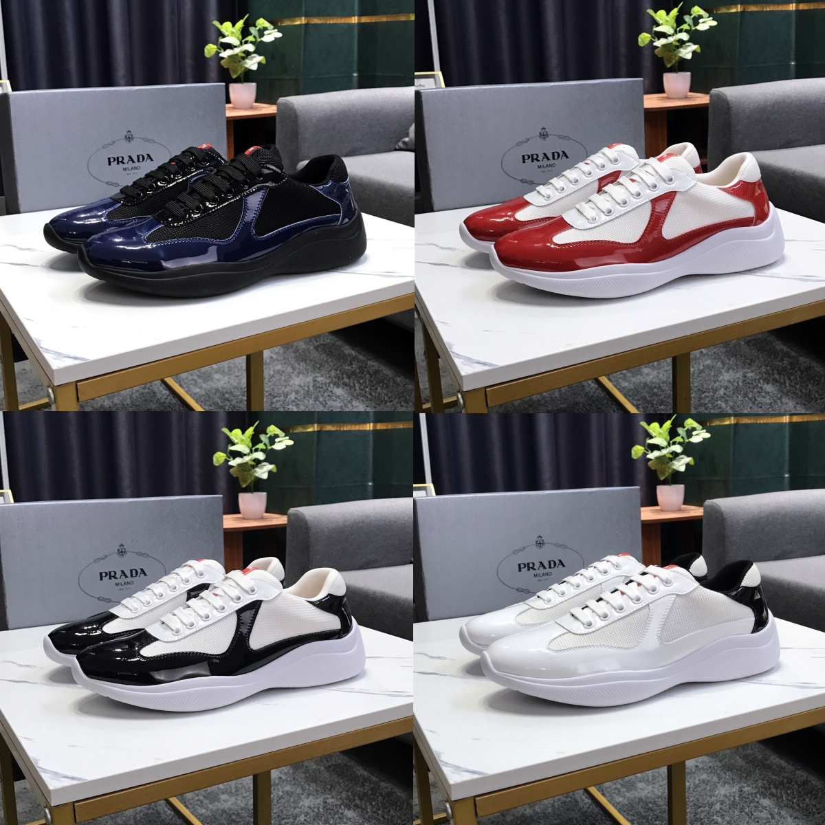 Chaussures pour hommes prada americas cup baskets tige en cuir verni et tissu sont ornés du logo Prada Linea Rossa