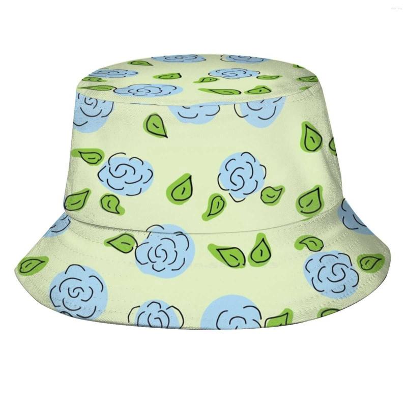 

Berets Open Blue Flowers On Pale Green Print Bucket Hats Sun Cap Floral Roses, Black mask