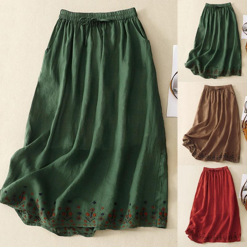 

Casual Dresses Long Straight Skirt Elastic Waist Women's Loose Thin Vintage Embroidery Simple Full Bed With Split Corners Overall, Green