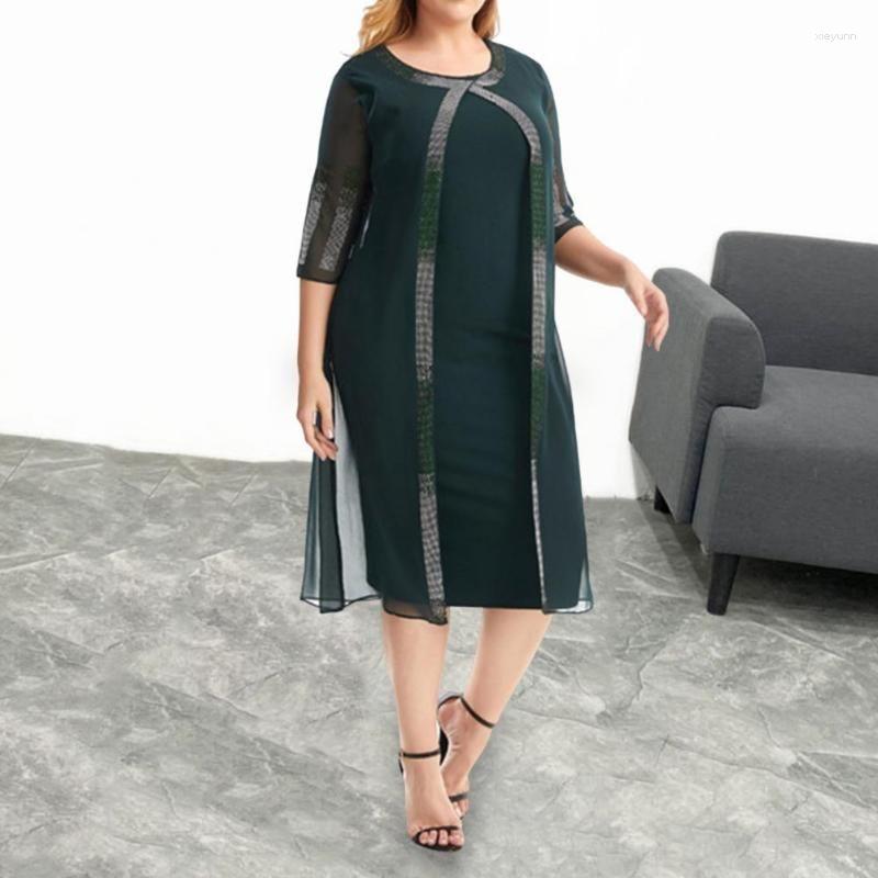 

Plus Size Dresses O-neck Half Sleeve Drilling Decor Women Dress Chiffon Cardigan Fake Two Pieces Oversized Gown StreetwearPlus, Dark purple