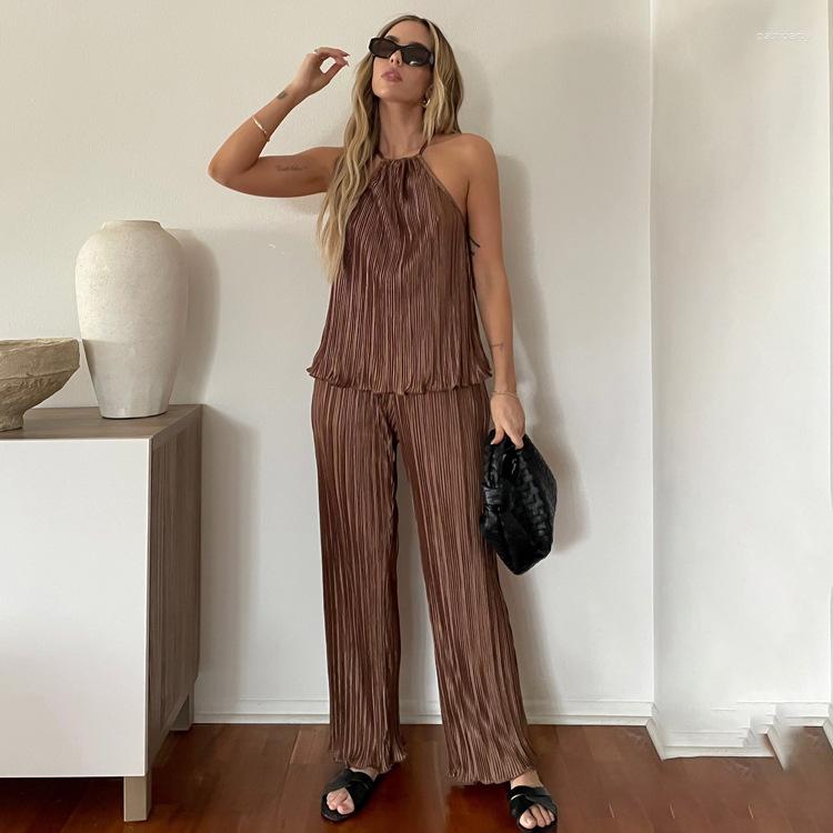 

Women' Two Piece Pants LFRVZ 2023 Arrival Overalls Chiffon Young Sexy Solid Simple Halter Off Shoulder Long Wide Leg Women 2 Set, Brown