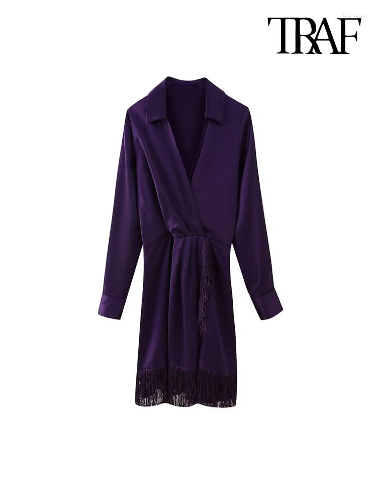 

Casual Dresses Women Fashion With Fringe Ruched Satin Mini Dress Vintage Long Sleeve Side Zipper Female Vestidos Mujer, Picture shown