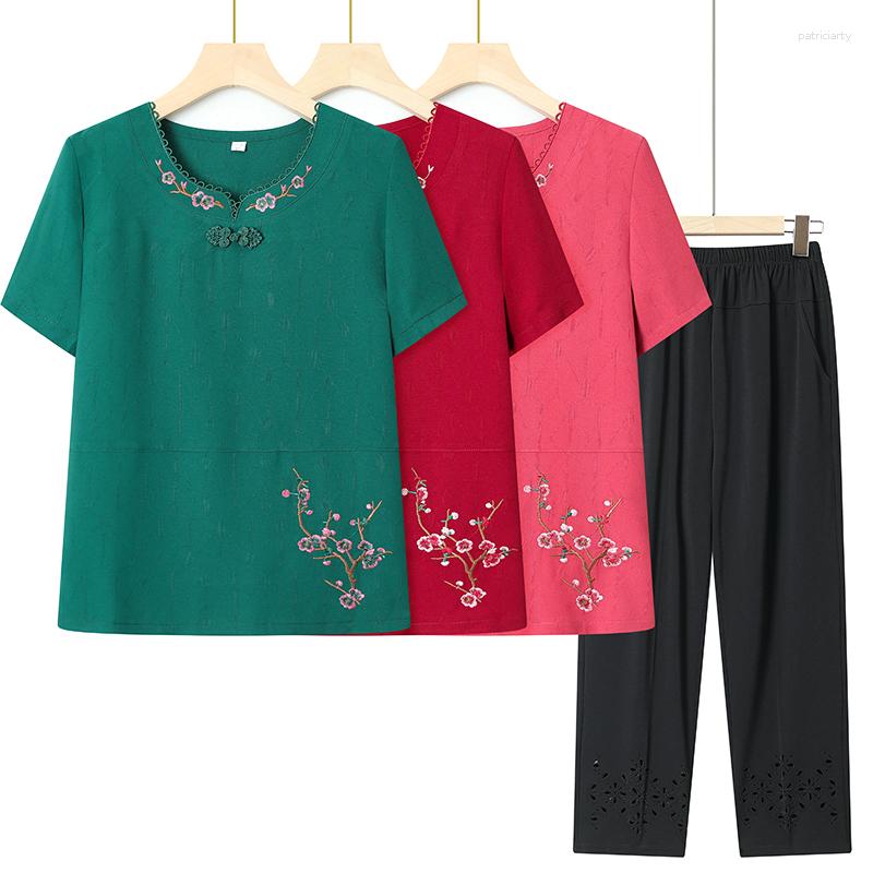 

Women's Two Piece Pants Summer Middle-aged Mother Embroidery Suit Women Short Sleeve Blouses Vintage Loose 2 Sets Outfits Trouser Suits